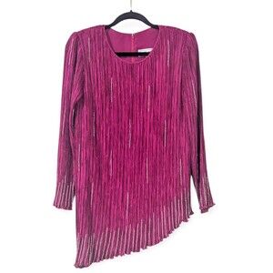 Pierre Labiche Vintage Beaded Pleated Asymmetrical Top Womens 12 Fuchsia Glam